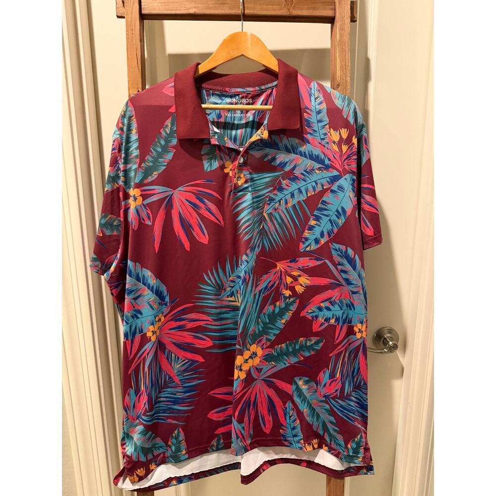 Bonobos Golf Tropical Polo Shirt XL Standard Fit Burgundy Floral Performance